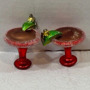 TWO Red Mini Christmas Margaretta Hand Blown Hanging Ornaments 2"x2"